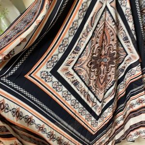 Size 16 Gorg navy blue empire dress with handkerchief pattern in peach/white.